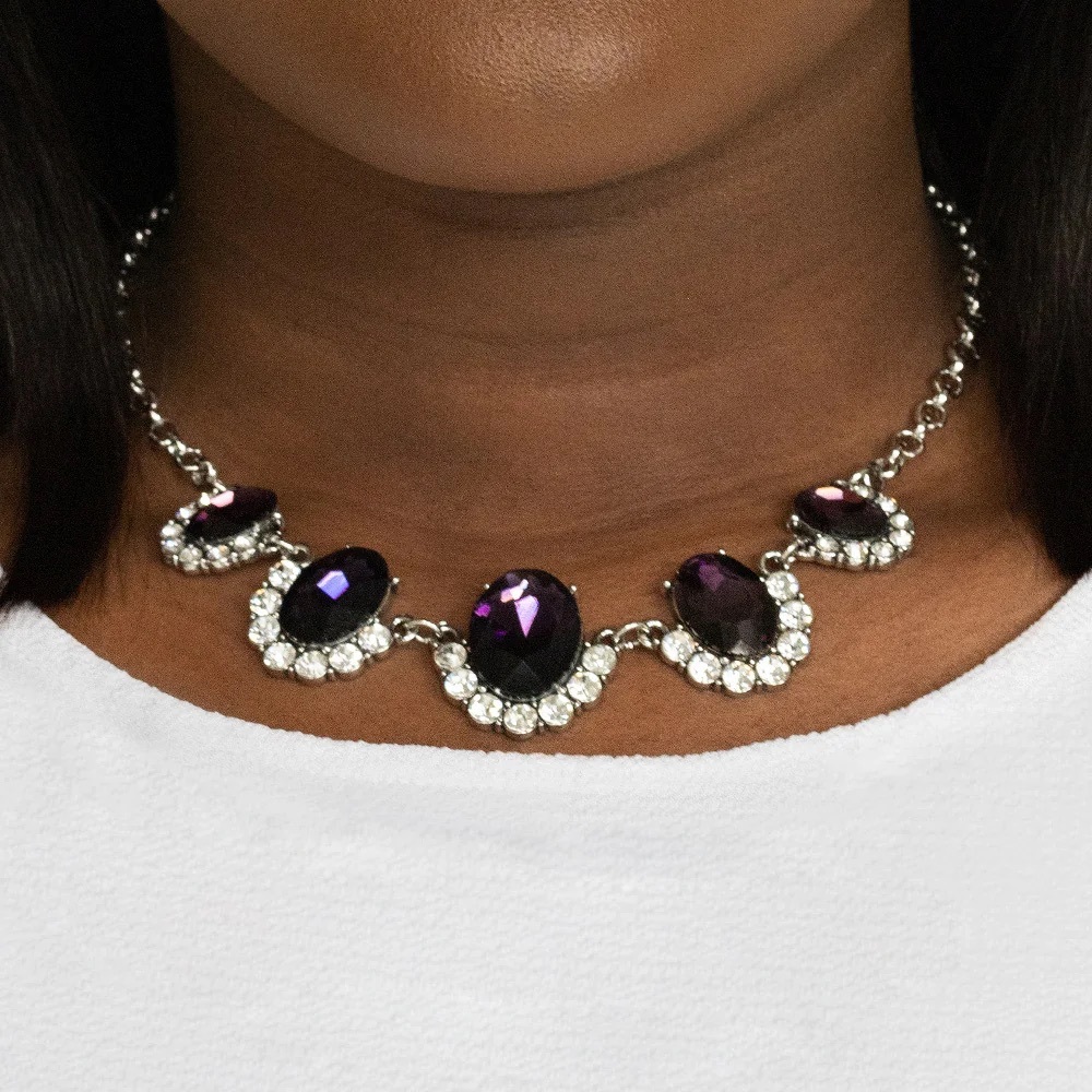 NEW Purple & Silver Diamond Rhinestone Formal Vintage Necklace Fashion Jewelry